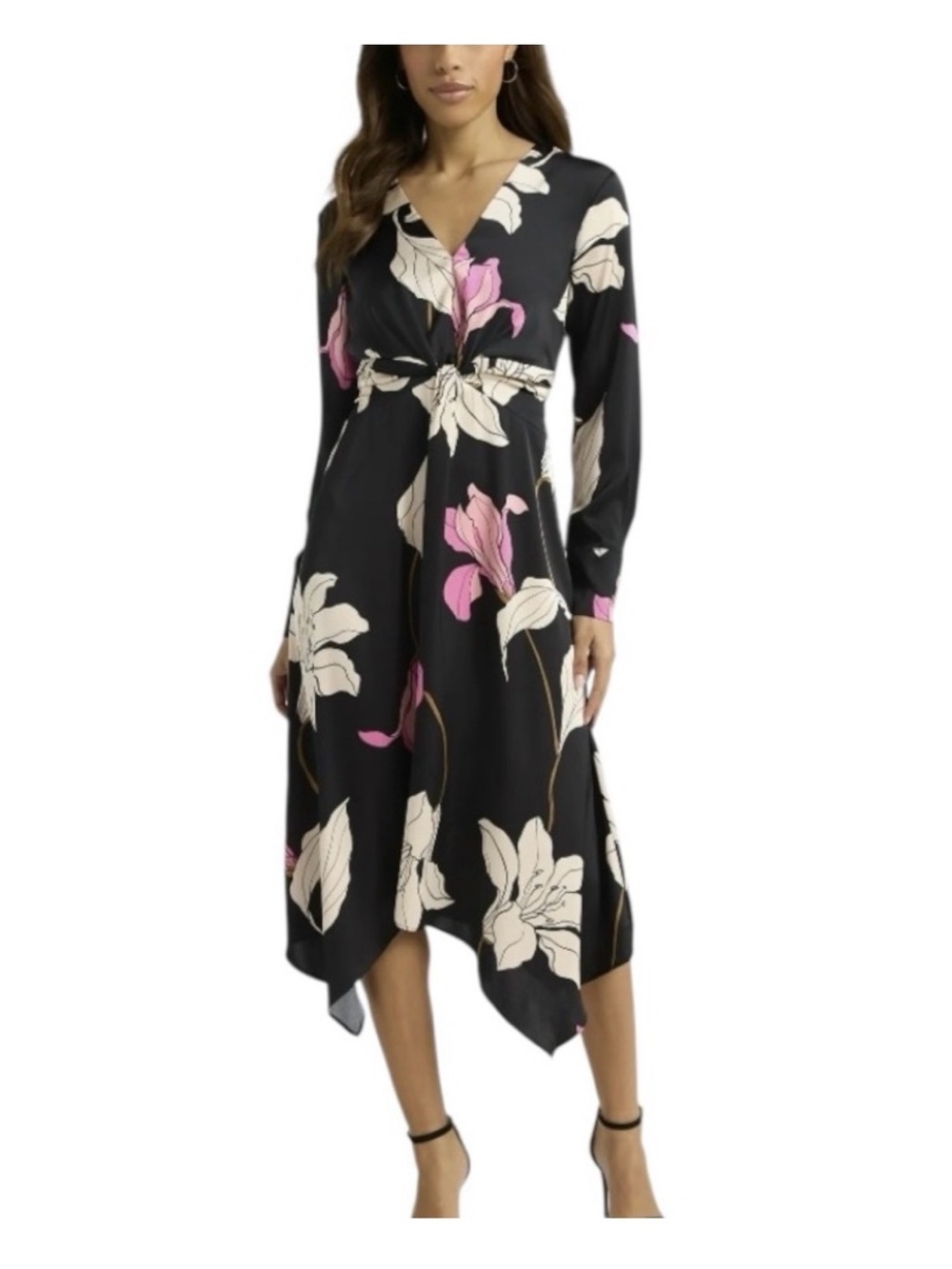 Sofia Vergara Black Floral V-Neck Long Sleeve Midi Dress with Pink & Cream